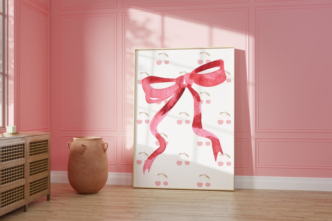 Red Watercolor Bow with Pink Cherry Pattern Coquette Wall Art - Image 2