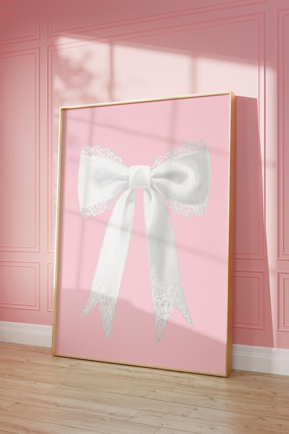 White Lace Bow Pink Background Coquette Balletcore Nursery Poster