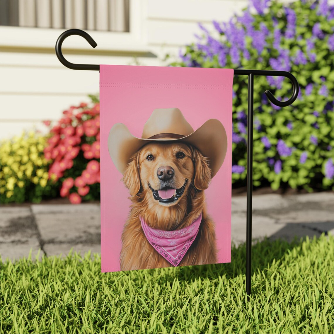 Cowboy Golden Retriever Garden Flag Western Dog Pink Wall Art
