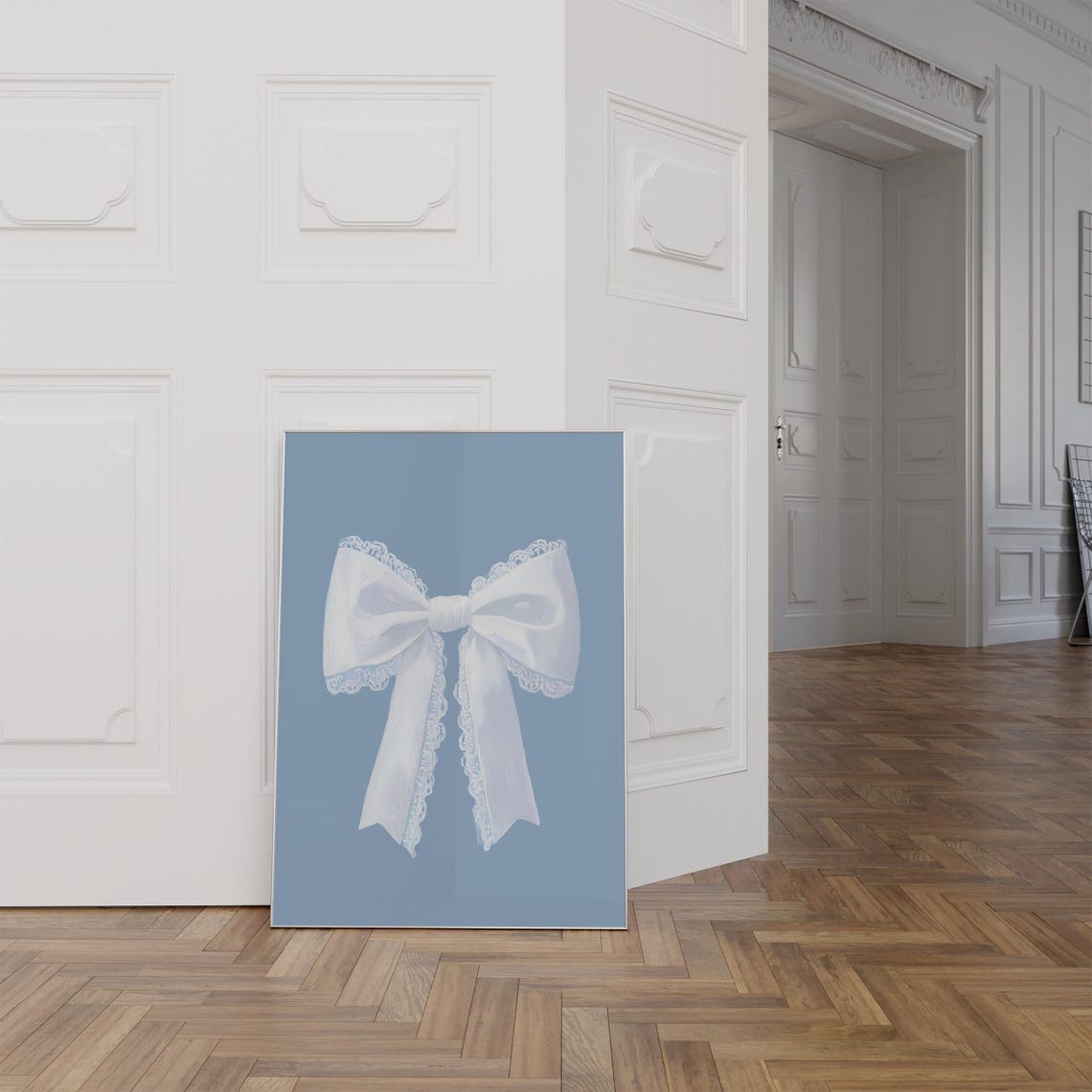 White Lace Bow Blue Background Coquette Balletcore Nursery Poster - Image 2