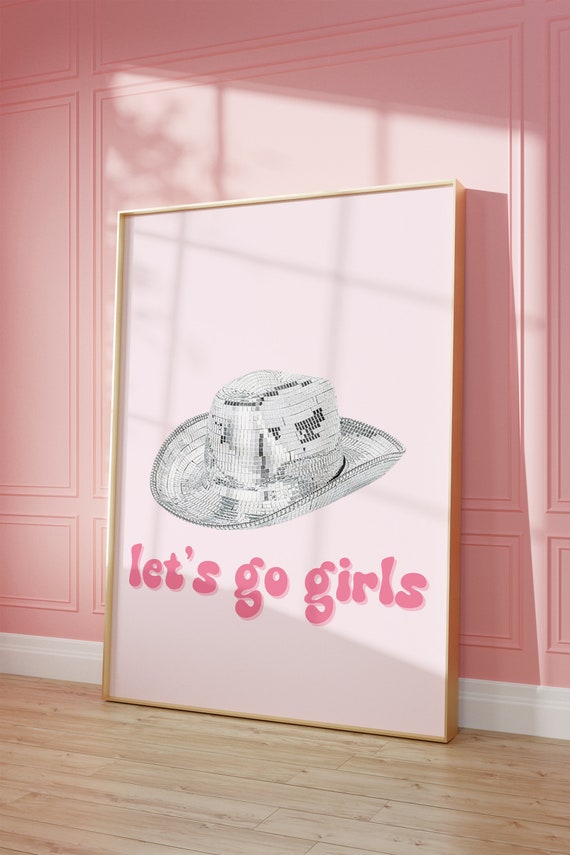 Retro Disco Cowgirl Hats Pink Print Vintage Art Western Wall Art Girly Preppy Trendy Wall Art Disco Ball Print Cowgirl Hat Print