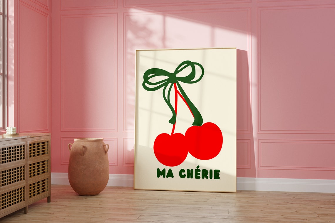 Ma Cherie Cherries Green Bow Warm Cream Background Decor Poster