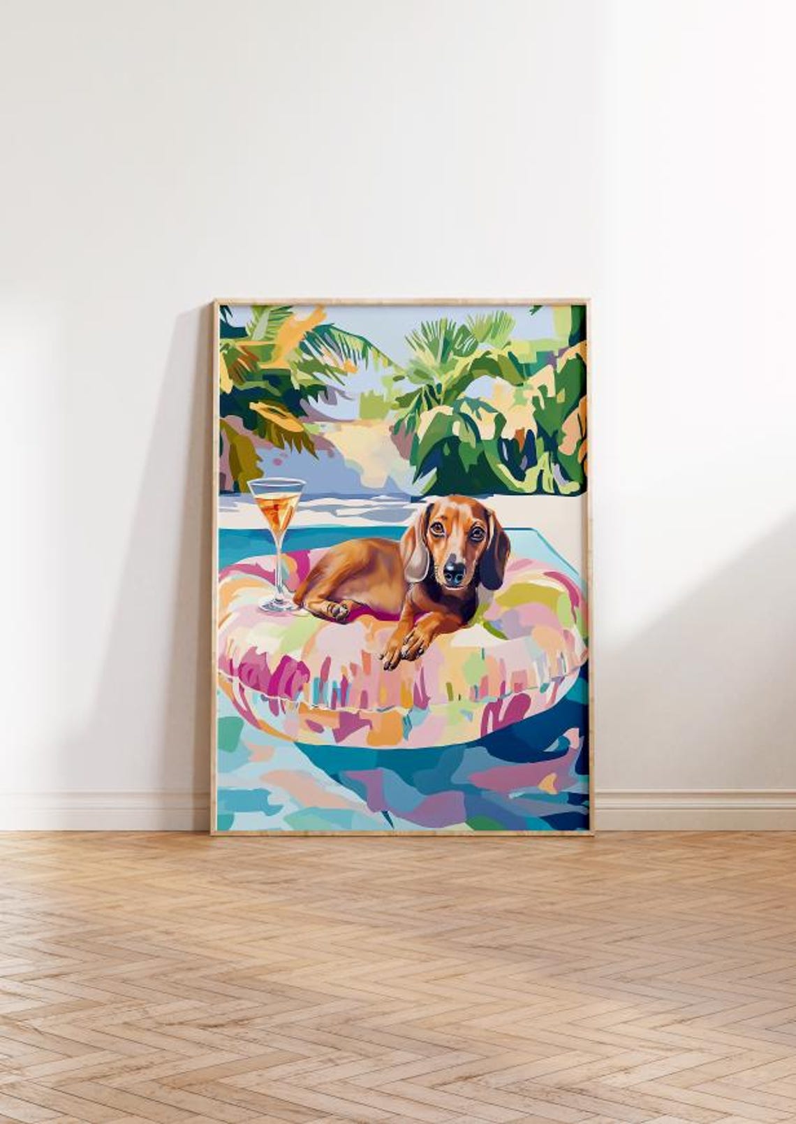 Funny Dachshund Lounging On Pool Float Cocktail Summer Dog Poster