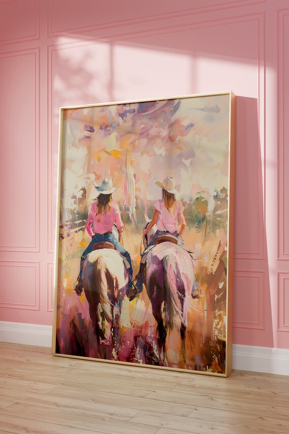 Pastel Cowgirls Riding Horses Abstract Western Pink Painting Poster