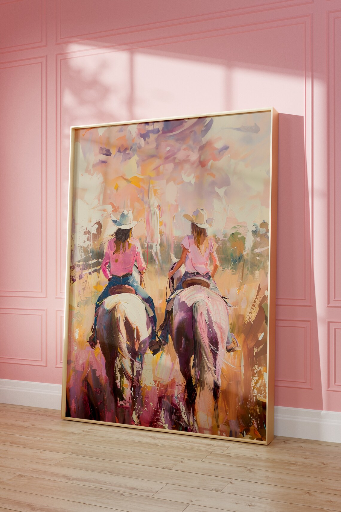 Pastel Cowgirls Riding Horses Abstract Western Pink Painting Poster