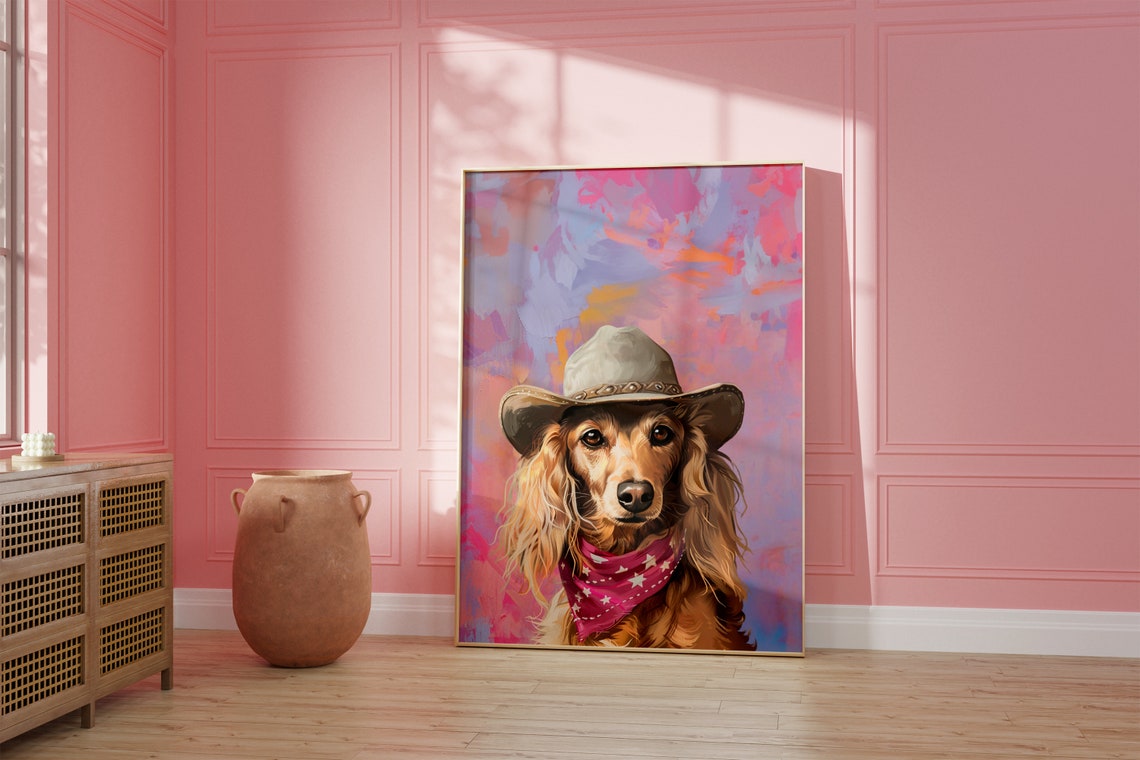 Dog Cowgirl Hat Print Pink Print Vintage Art Western Girly Preppy Trendy Wall Art Puppy Print Cowgirl Hat Print Funky Western Art - Image 2