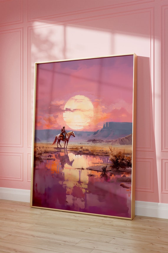 Vintage Cowboy Wall Art Western Painting Wall Art Newspaper Poster Pink Desert Art Vintage Bar Cart Dorm Decor Wall Art