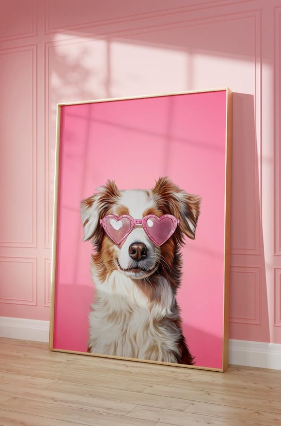 Fluffy Australian Shepherd Heart Sunglasses Pink Portrait Poster