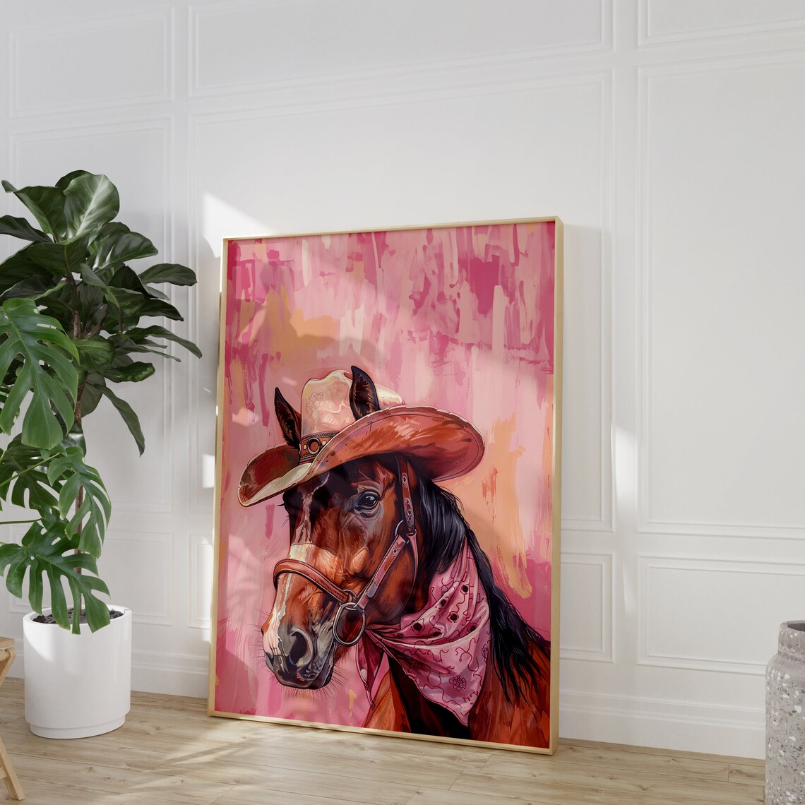 Horse Cowboy Hat Portrait with Pink Bandana Blush Pink Poster Art