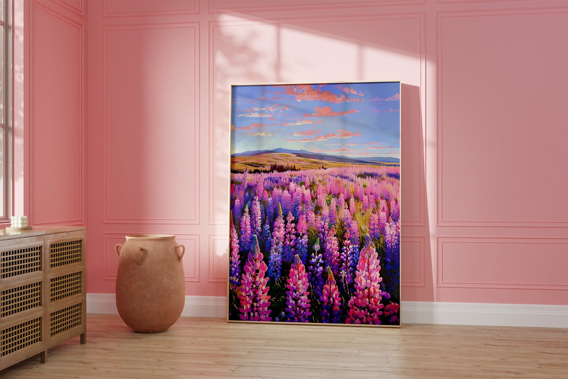 Wildflower Meadow Sunset Lupine Field Mountain Landscape Poster - Image 2
