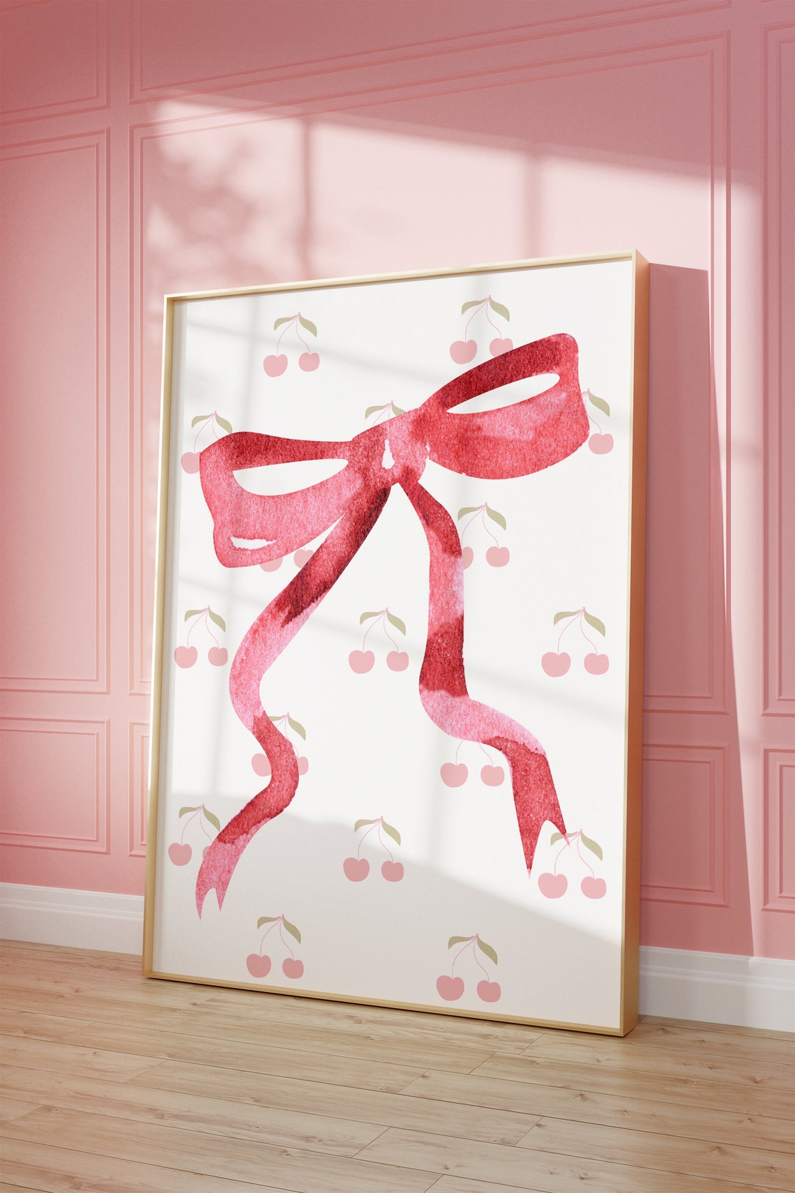 Red Watercolor Bow with Pink Cherry Pattern Coquette Wall Art