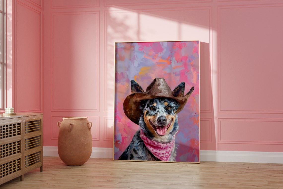 Blue Heeler Dog Cowgirl Hat Print Pink Print Western Girly Preppy Trendy Wall Art Puppy Print Cowgirl Hat Print Funky Western Art