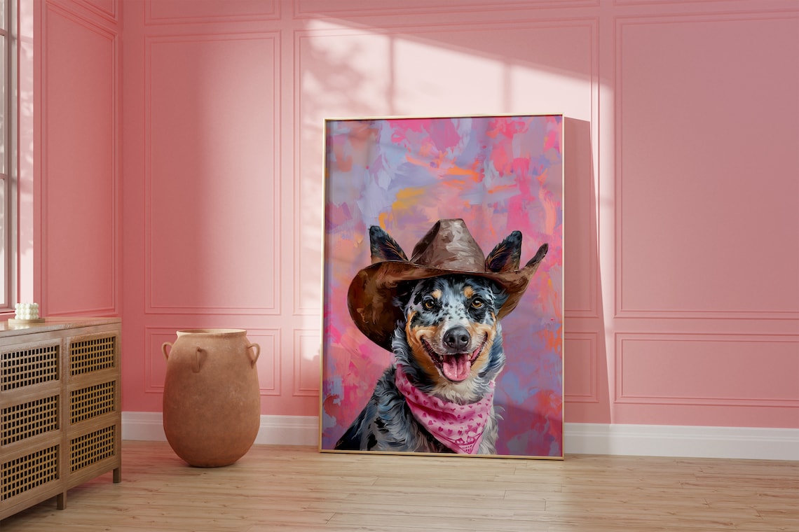 Blue Heeler Smiling in Cowboy Hat Pink Bandana Western Poster
