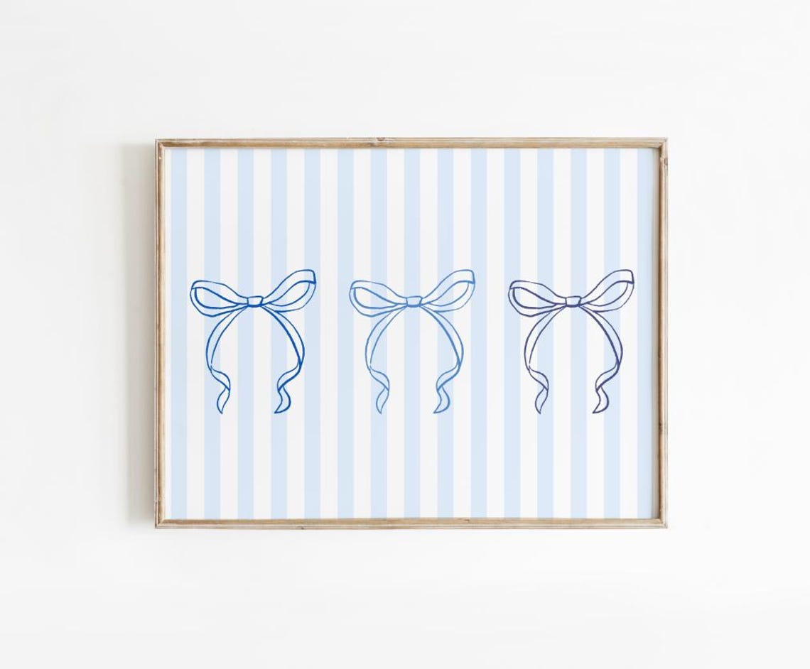 Coquette Blue Bow Trio on Striped Background Preppy Dorm Wall Art