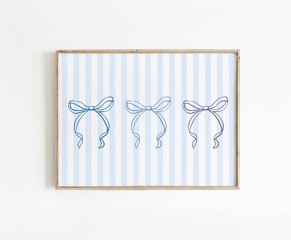 Coquette Blue Bow Trio on Striped Background Preppy Dorm Wall Art