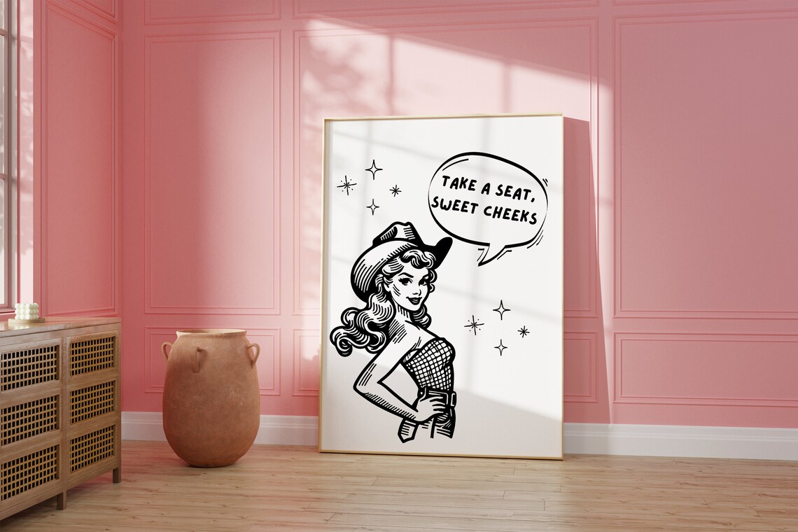 Take A Seat Sweet Cheeks Retro Cowgirl Pinup Quote Bathroom Poster - Image 2