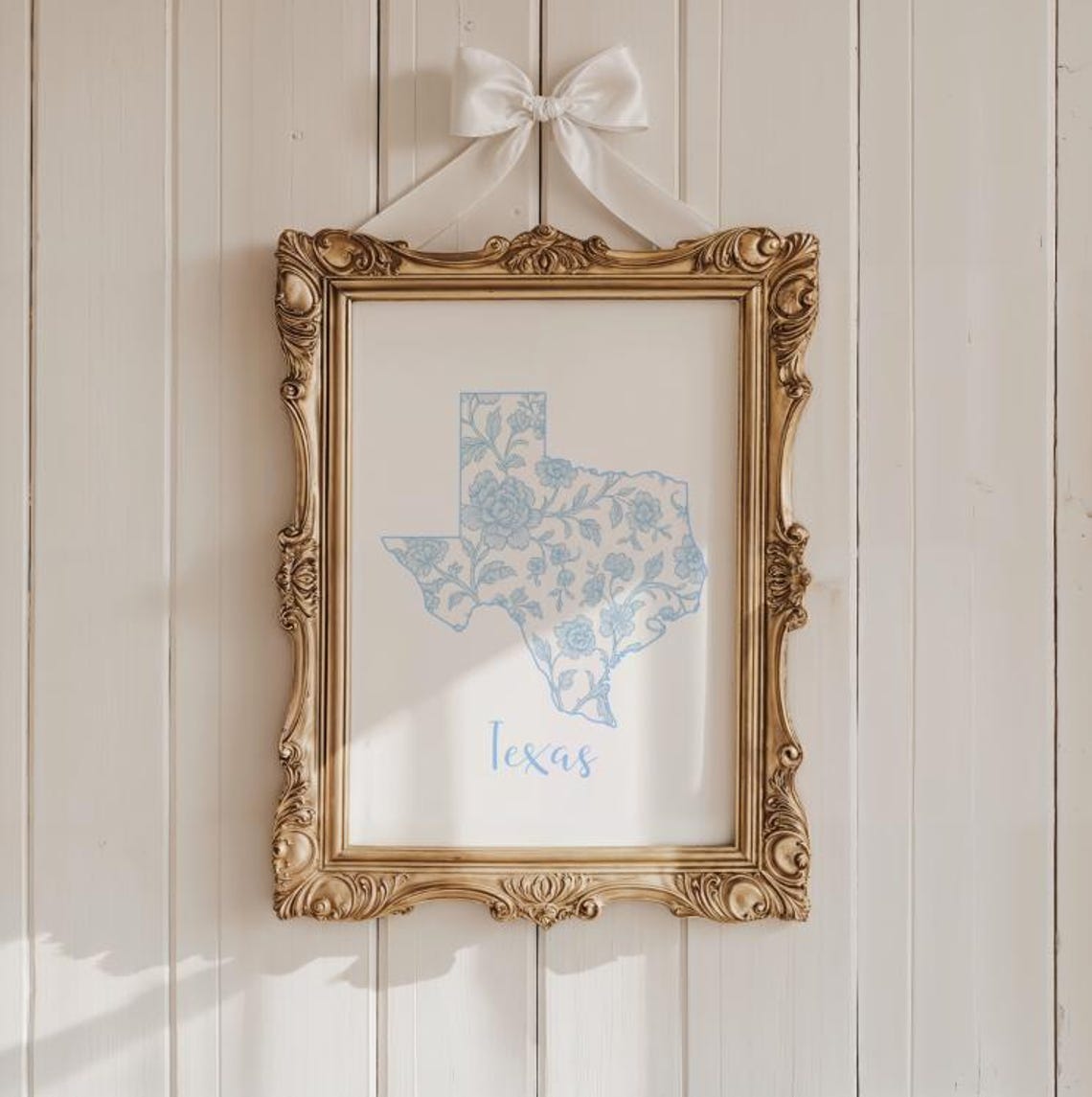 Texas State Map Blue Floral Chinoiserie Home Decor Gift Wall Art