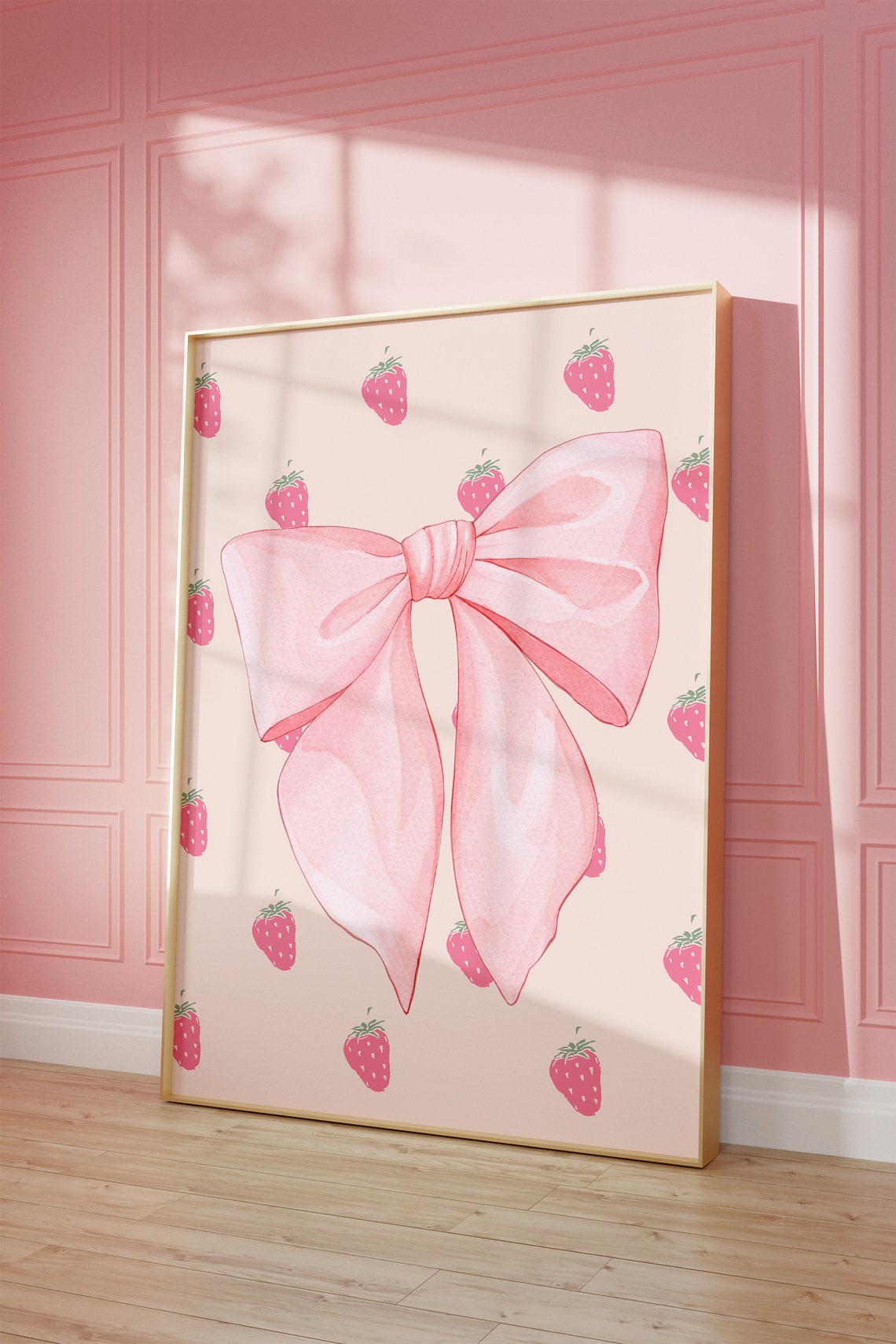 Giant Pink Ribbon Bow Over Strawberry Watercolor Pattern Poster