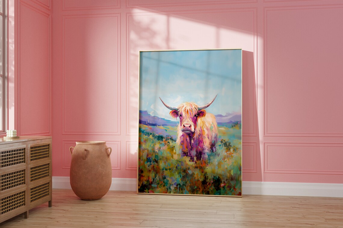 Highland Cow In Colorful Meadow Impressionist Style Art Poster