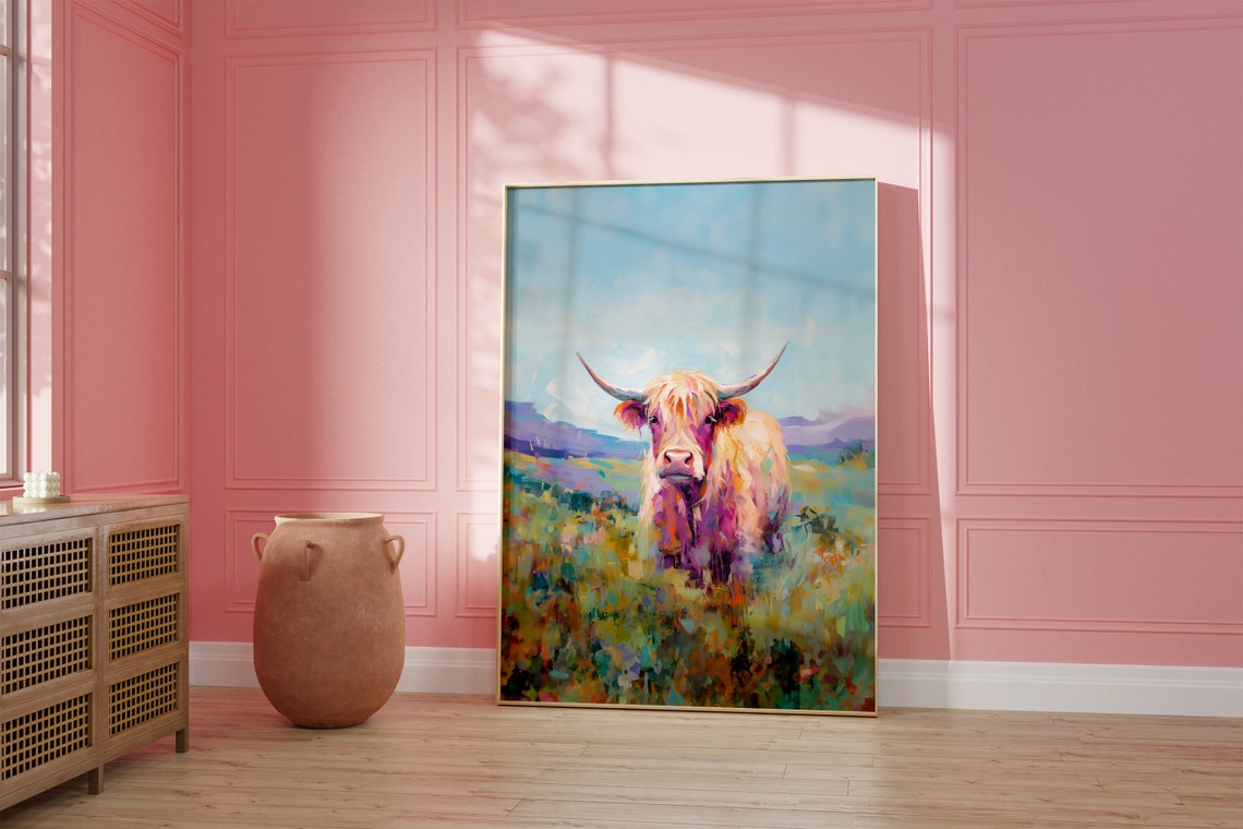 Highland Cow Print Pink Print Vintage Art Western Girly Preppy Trendy Wall Art Cow Lover Print Western Print Funky Western Art