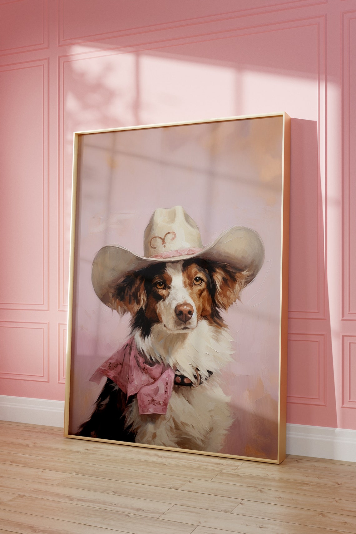 Dog Cowgirl Hat Print Pink Print Vintage Art Western Girly Preppy Trendy Wall Art Puppy Print Cowgirl Hat Print Funky Western Art - Image 2