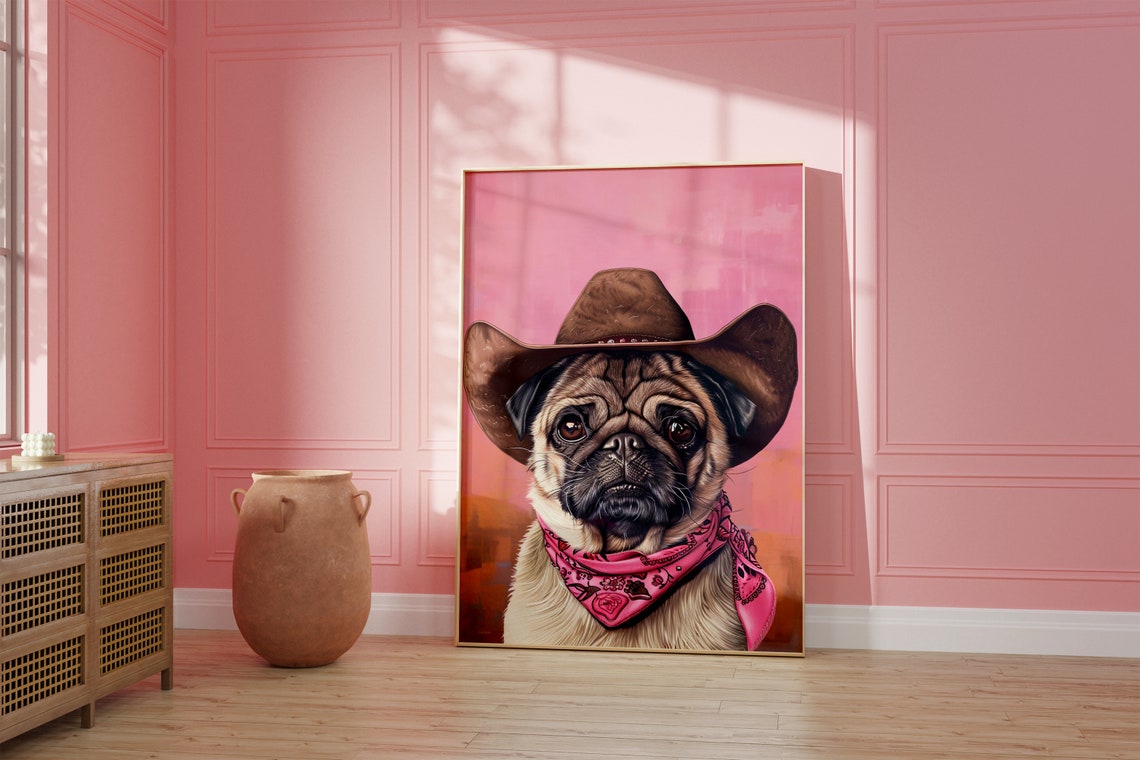 Dog Cowgirl Hat Print Pink Print Vintage Art Western Girly Preppy Trendy Wall Art Puppy Print Dachshund Dog Print Funky Western Art