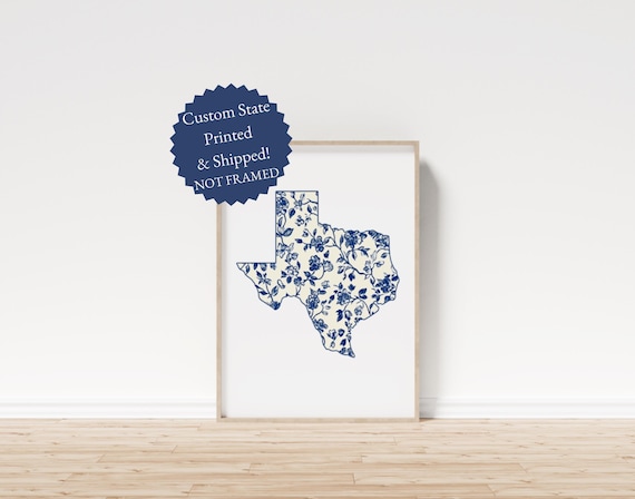 Texas State Silhouette Navy Blue Chinoiserie Floral Custom Art Poster