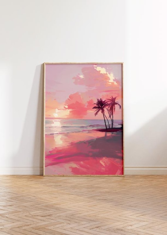Pink Sunset Beach with Palm Trees Painterly Tropical Decor Poster