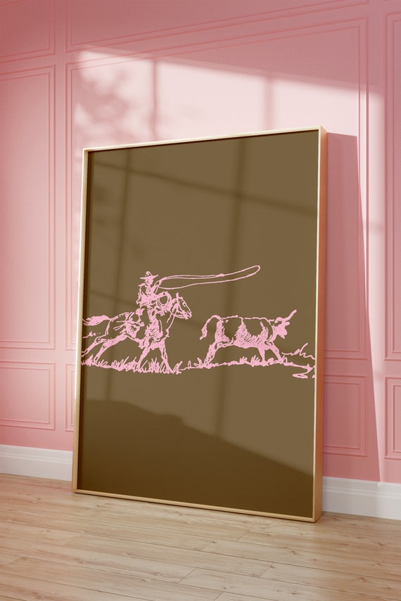 Vintage Cowboy Wall Art Western Wall Art Old West Poster Western Wall Art Bar Cart Dorm Retro Decor Wall Art Pink Illustration