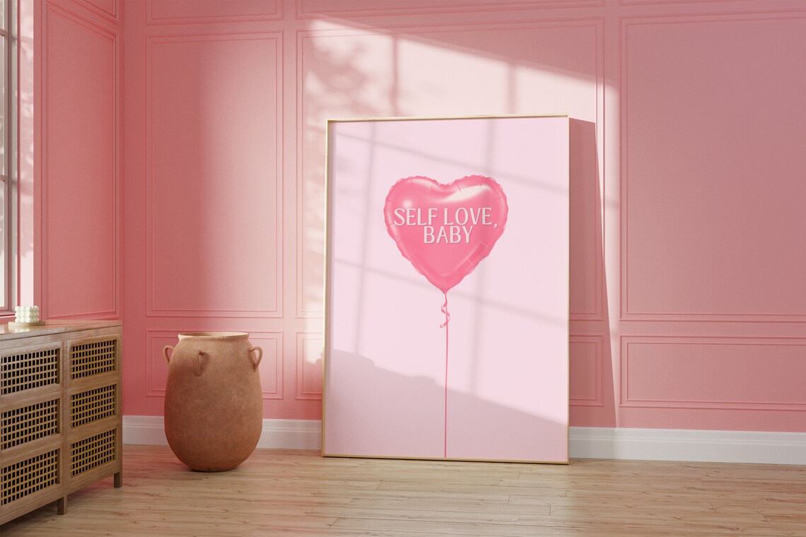 Self Love Baby Pink Heart Shaped Balloon Cute Typography Poster - Image 2