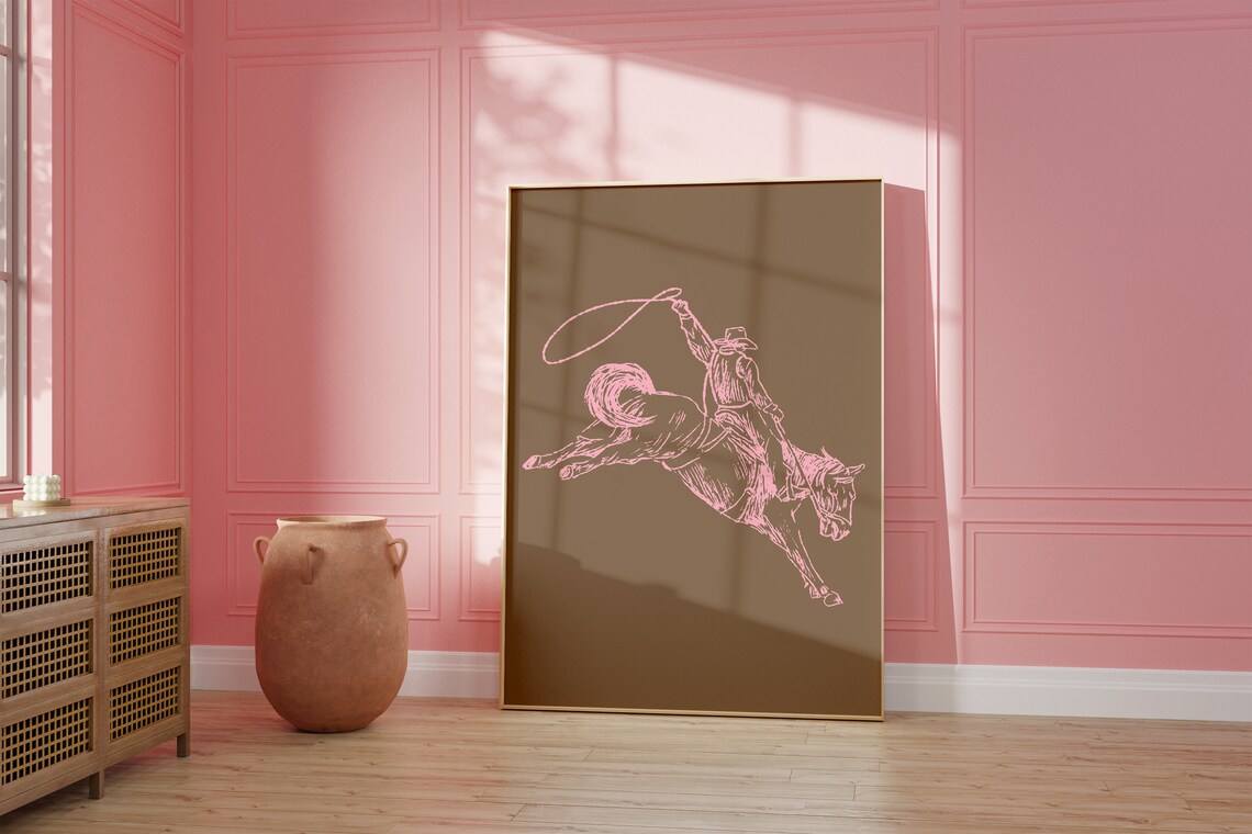 Pink Line Art Cowboy on Bucking Horse Western Rodeo Wall Poster - Image 2