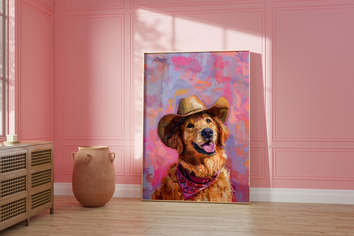Golden Retriever Cowgirl Hat Print, Western Puppy Art - Image 2