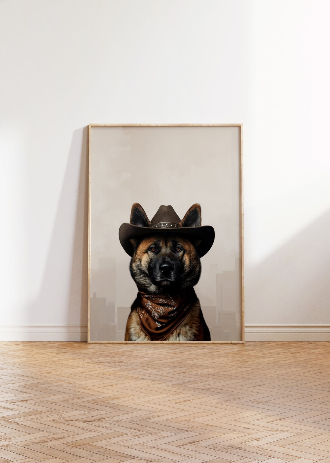 German Shepherd Cowboy Hat Portrait Brown Bandana Neutral Poster - Image 2