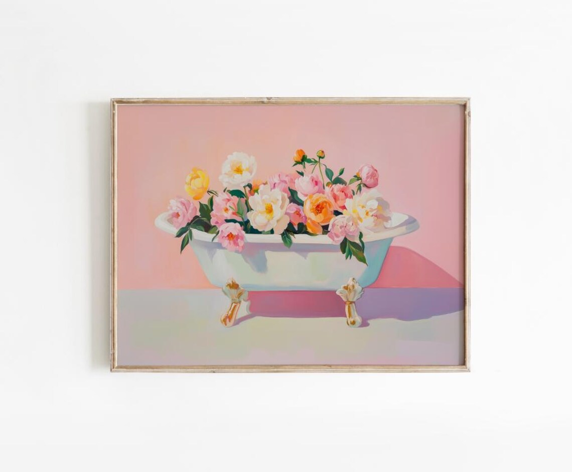 Pretty Peony Filled Clawfoot Bathtub Pink Floral Bathroom Wall Art