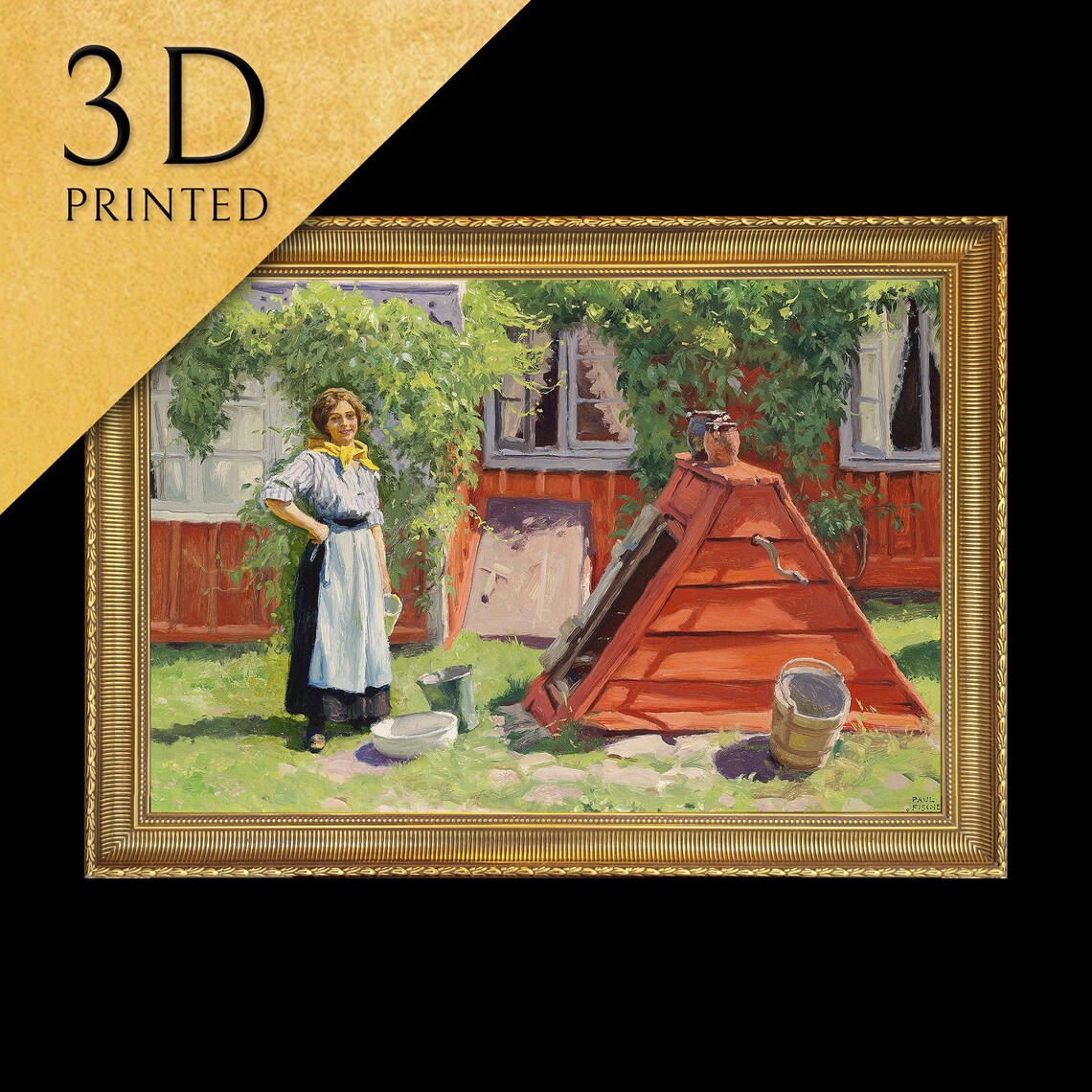 Paul Fischer Red Swedish Cottage Woman Sunny Garden Day Poster