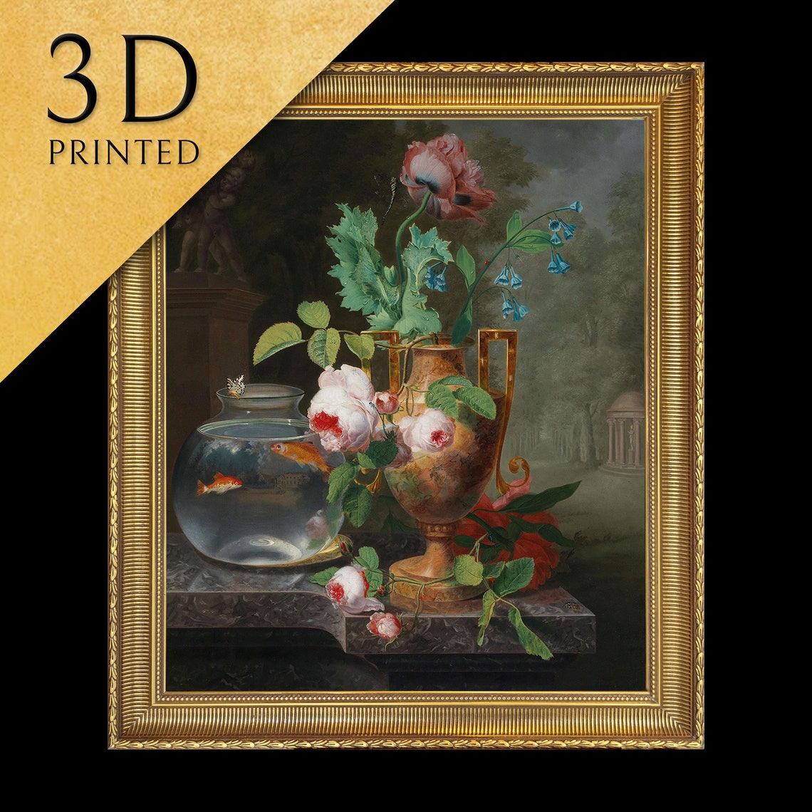 Classic Still Life with Roses and a Goldfish Bowl on Marble Poster