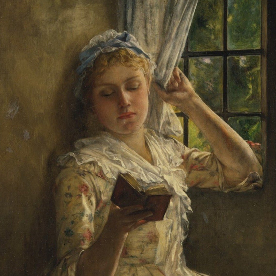 Young Woman Reading by a Country Fireplace Vintage Interior Print - Image 2