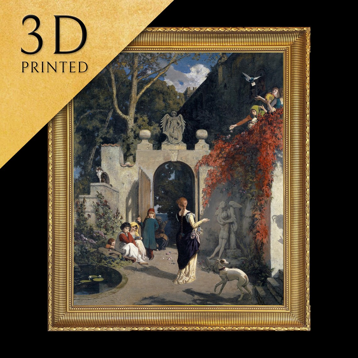 Italian Garden Courtyard Children and Angels Vintage Art Poster