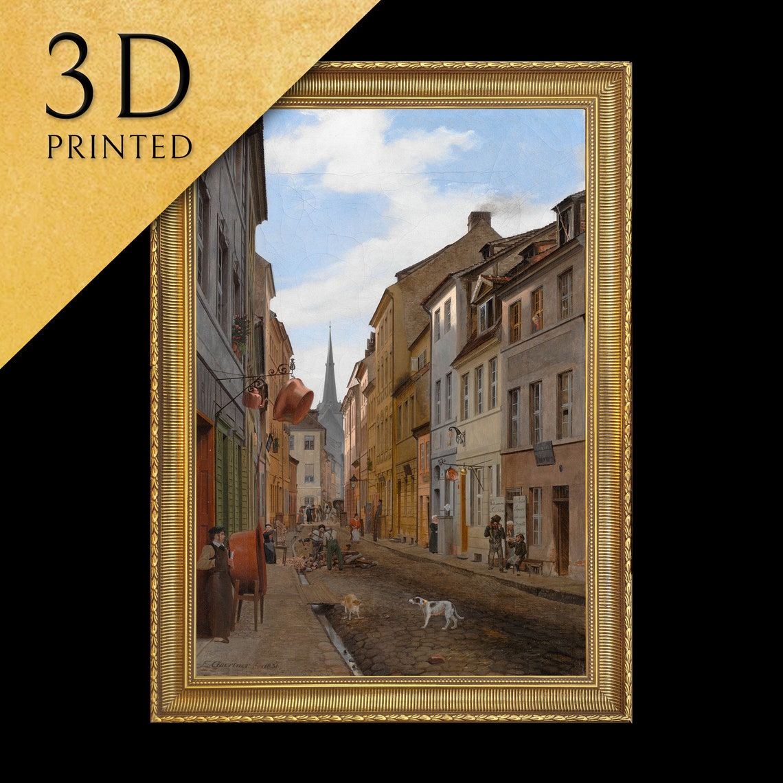 Old European Cobblestone Street Church Spire Vintage Cityscape Print