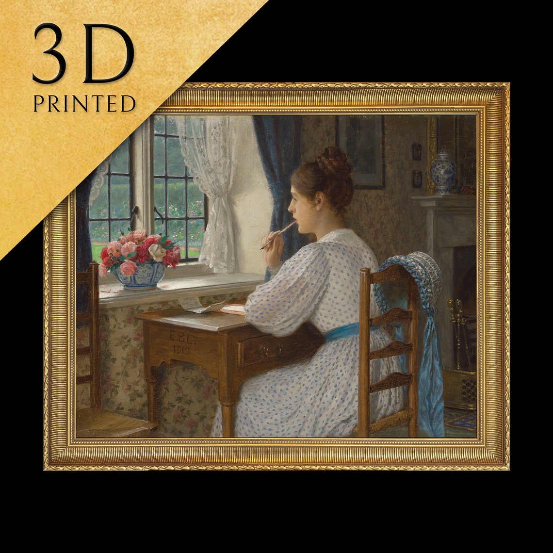 Leighton Straying Thoughts Woman Writing Desk Window Romantic Poster