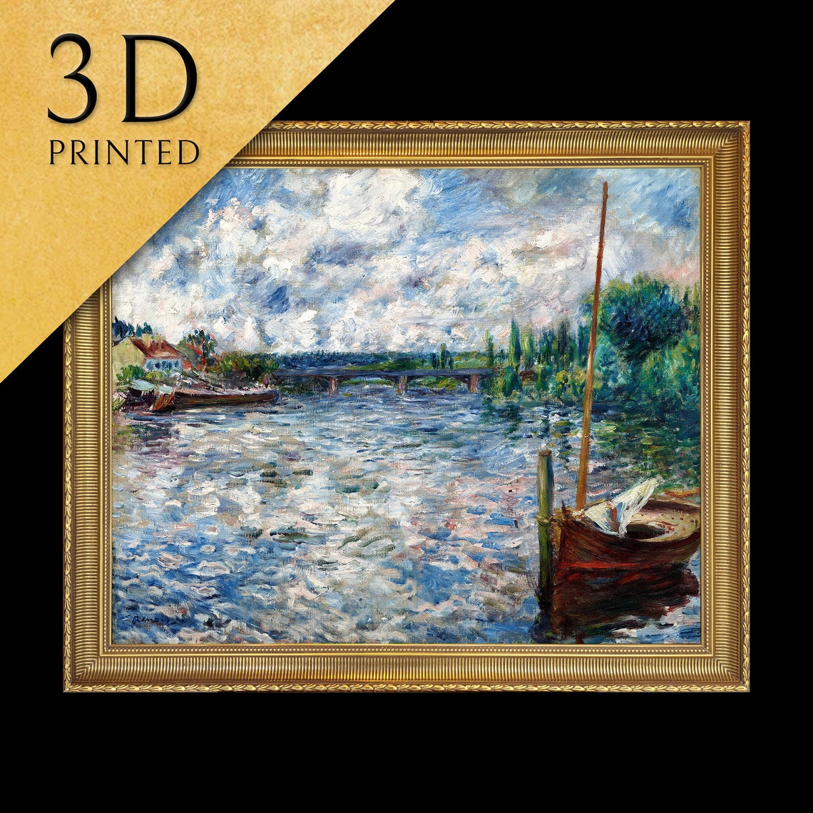 Impressionist River Scene with a Bridge and Moored Boats Poster