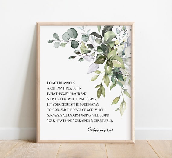 Philippians 4:6-7 Scripture Print, Watercolor Botanical Leaf
