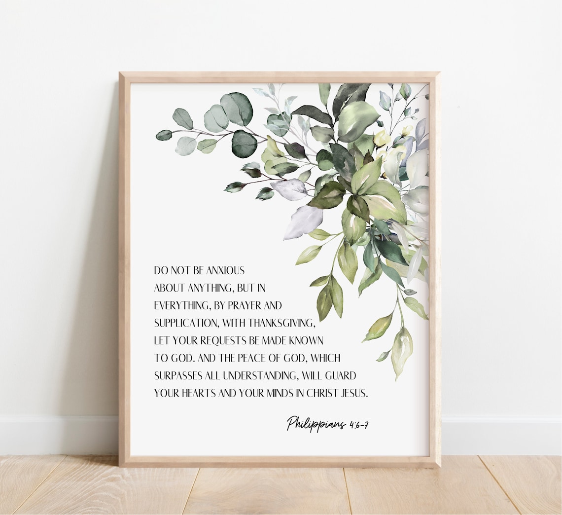 Philippians 4:6-7 Scripture Print, Watercolor Botanical Leaf