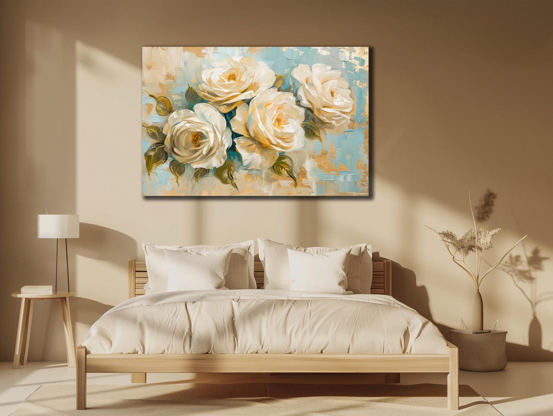 Elegant White Roses Oil Painting Soft Blue Background Floral Poster