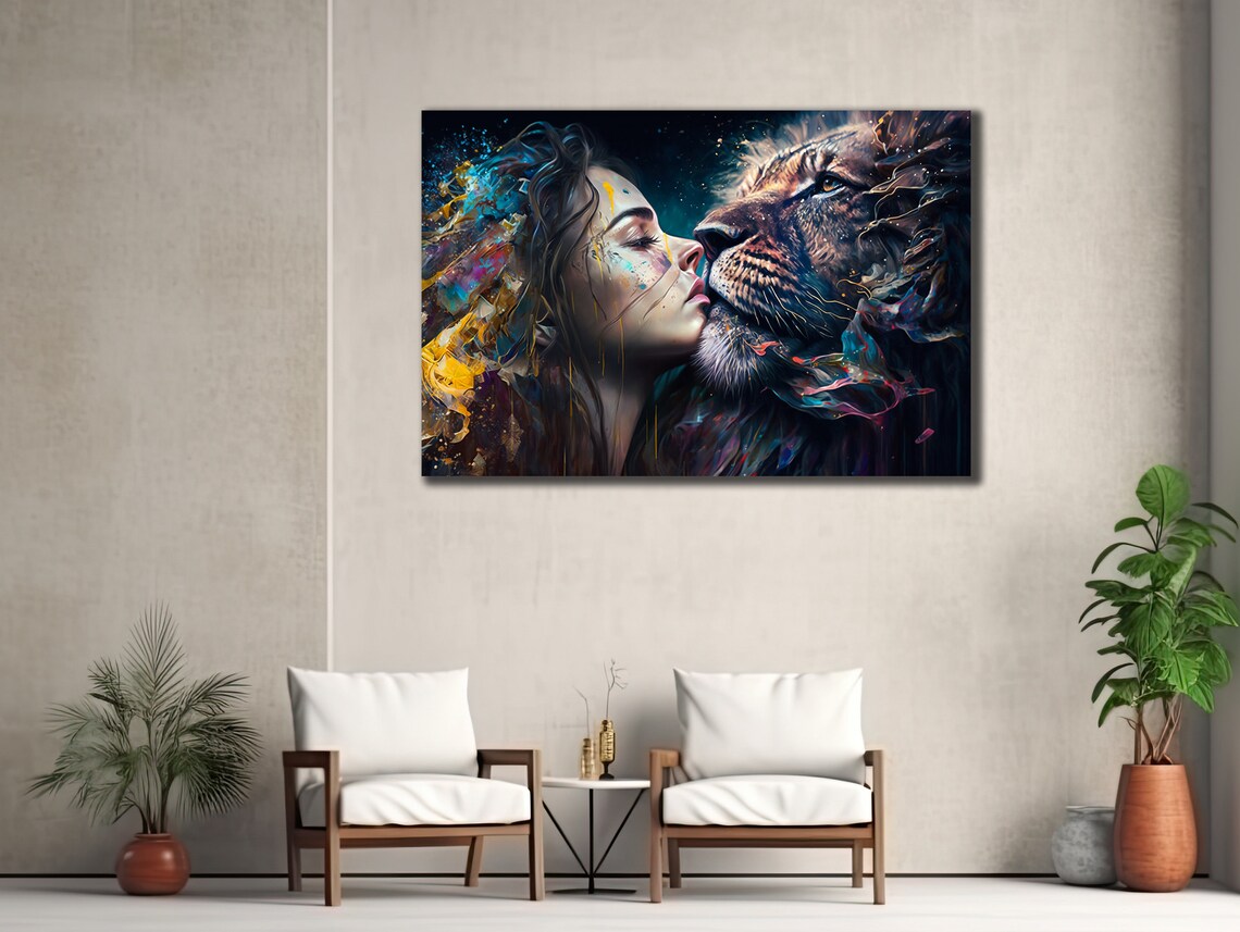 Woman and Lion Face to Face Colorful Splash Animal Bond Art Poster - Image 3
