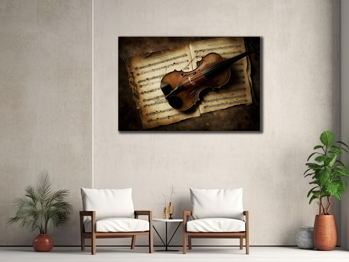 Vintage Violin on Old Sheet Music Classical Instrument Wall Poster