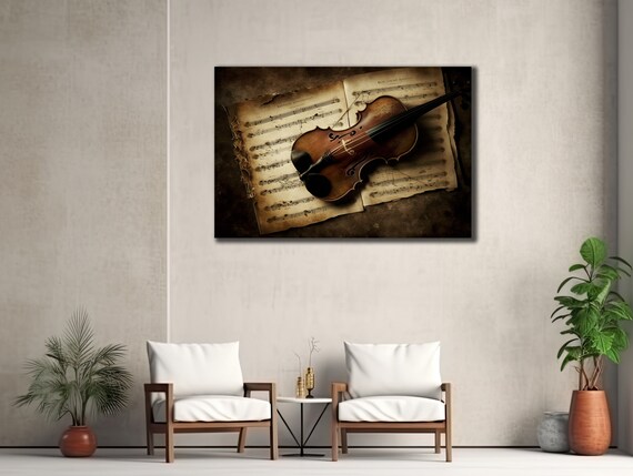 Vintage Violin on Old Sheet Music Classical Instrument Wall Poster