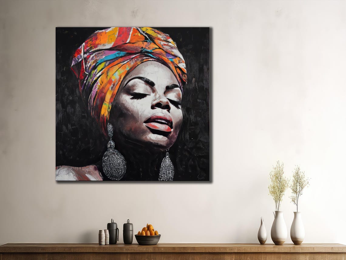 African Woman Scarf Print Ethnic Painting Wall Decor House Gift Idea Bedroom Wall Decor Black Girl Wall Art African Woman Poster - Image 3