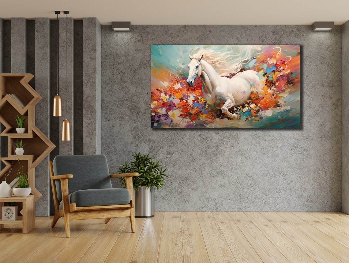 White Horse Galloping Through Colorful Abstract Splash Wall Art - Image 3