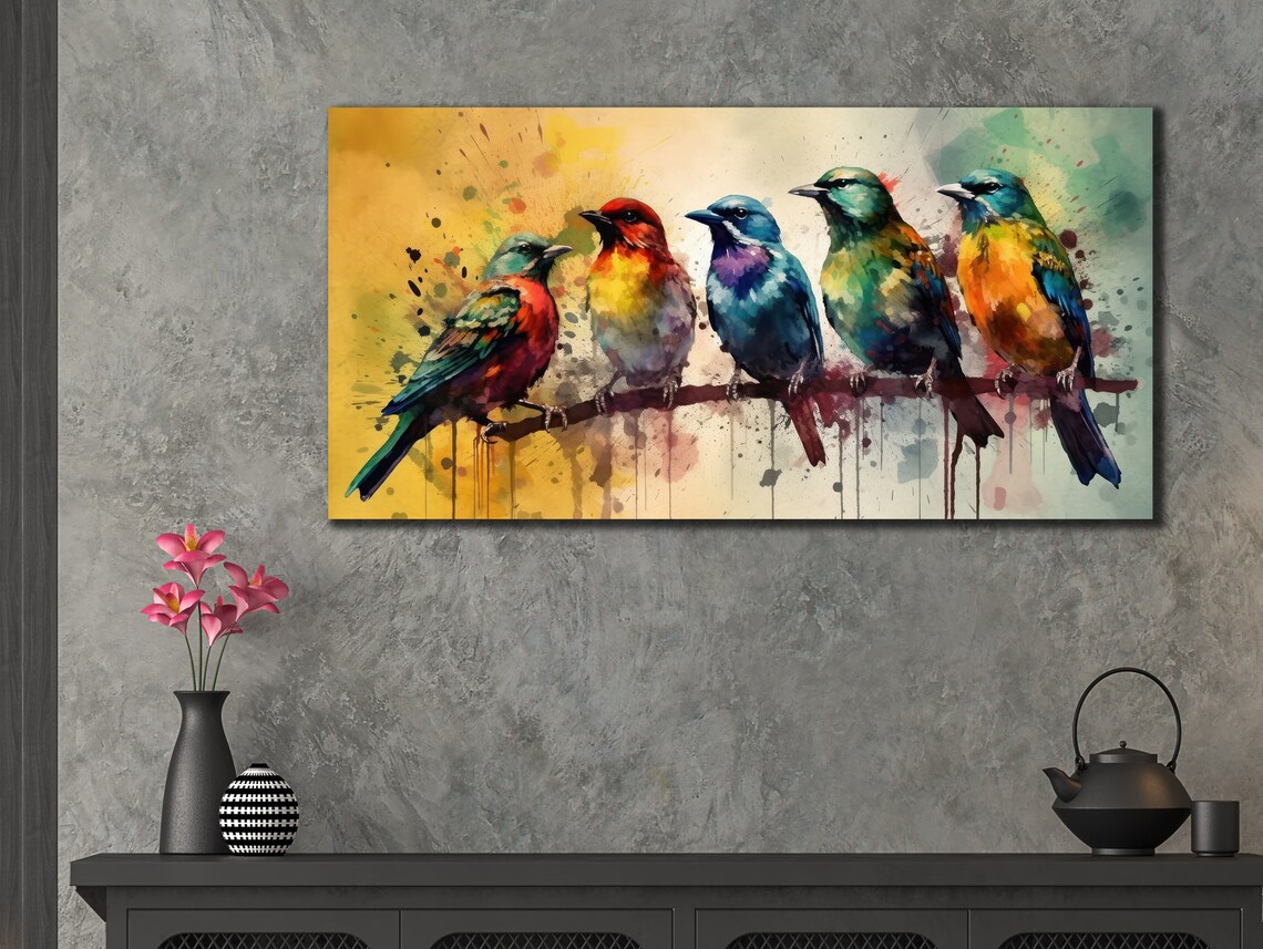 Five Colorful Birds Branch Watercolor Yellow Background Wall Art - Image 3